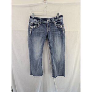 Miss Me Cropped Med Wash Denim Blue Jeans. Raw Hem. Embellished. Ladies Size 28